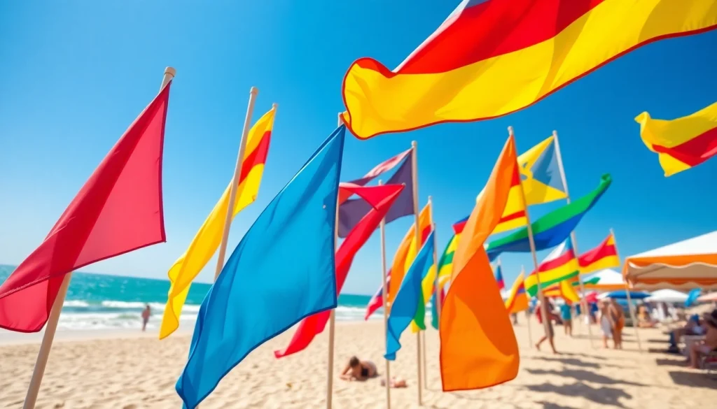 Colorful beach flag signaling safety on a sunny beach, enhancing awareness of ocean conditions.